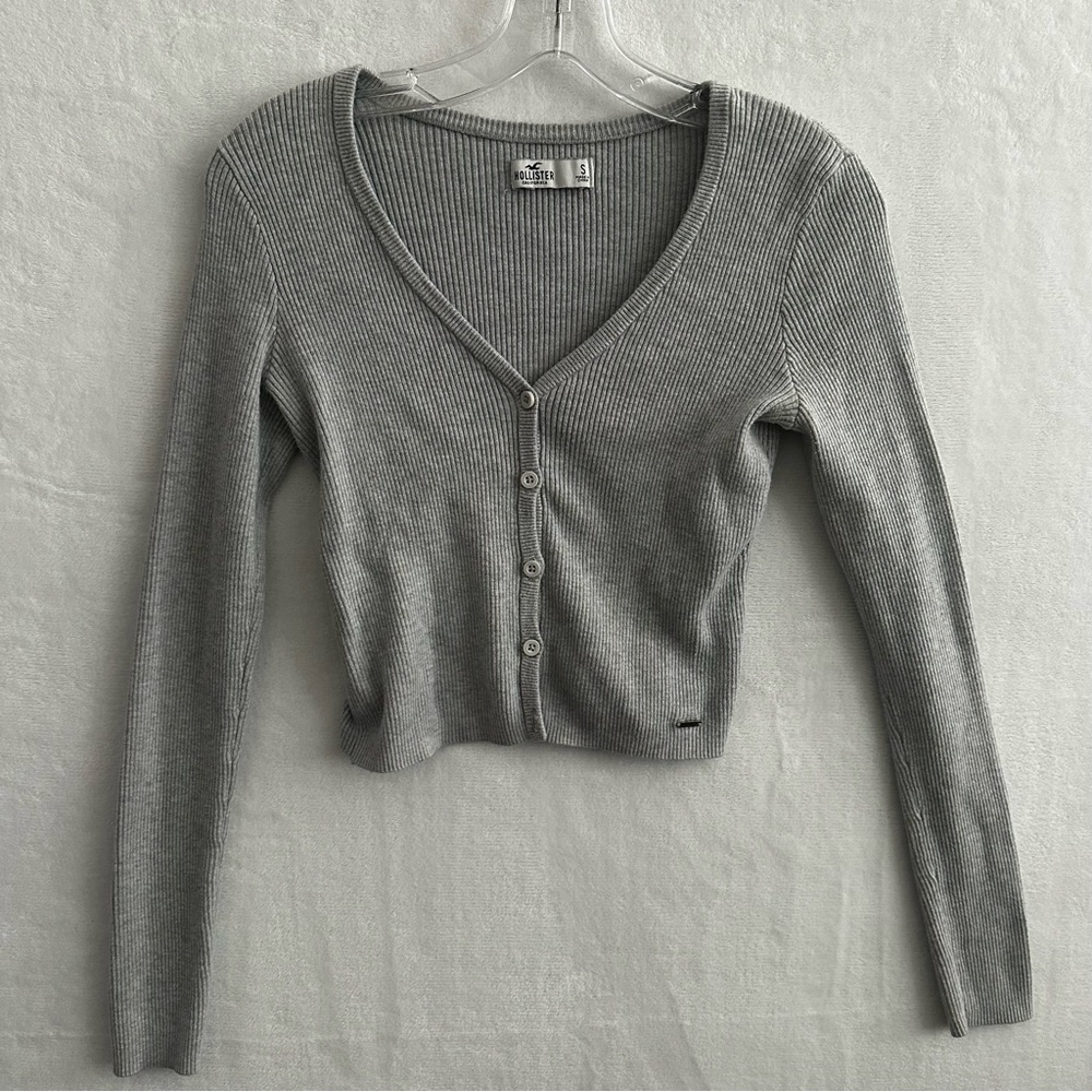 Hollister Ribbed Cropped Cardigan Sweater Women’s Small Gray Button Front